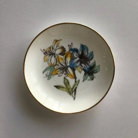 Minton English Bone China Tiger Lilly Trinket Dish Blue & Yellow Floral Vintage - Picture 8 of 10